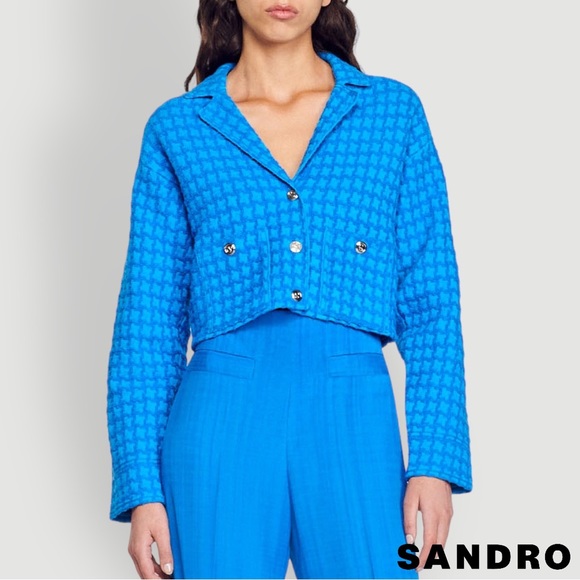 SANDRO Astier Cropped Tweed Coatigan in Electric Blue - Picture 11 of 12